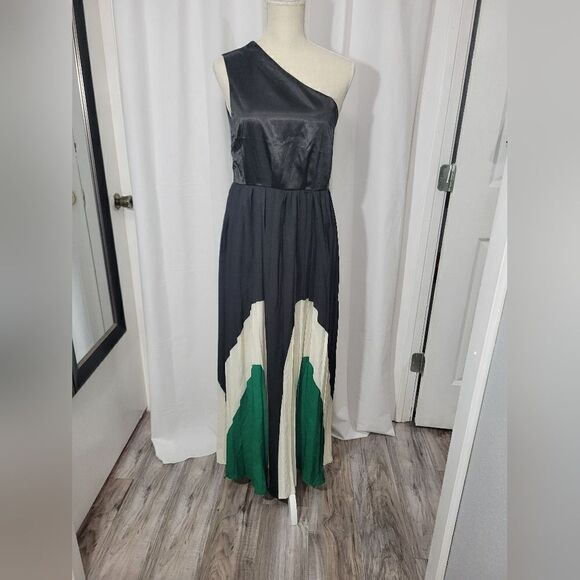 One shoulder maxi dress Black/green Sz Small - Picture 3 of 9